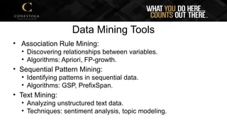Data Mining Tools
• Association Rule Mining:
• Discovering relationships between variables.
• Algorithms: Apriori, FP-growth.
• Sequential Pattern Mining:
• Identifying patterns in sequential data.
• Algorithms: GSP, PrefixSpan.
• Text Mining:
• Analyzing unstructured text data.
• Techniques: sentiment analysis, topic modeling.
 