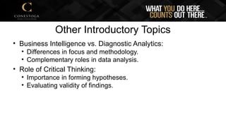 Other Introductory Topics
• Business Intelligence vs. Diagnostic Analytics:
• Differences in focus and methodology.
• Complementary roles in data analysis.
• Role of Critical Thinking:
• Importance in forming hypotheses.
• Evaluating validity of findings.
 