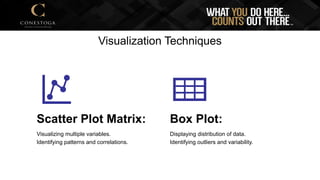 Visualization Techniques
Scatter Plot Matrix:
Visualizing multiple variables.
Identifying patterns and correlations.
Box Plot:
Displaying distribution of data.
Identifying outliers and variability.
 