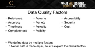 Data Quality Factors
• Relevance
• Accuracy
• Timeliness
• Completeness
• Volume
• Variety
• Velocity
• Validity
• Accessibility
• Security
• Cost
• We define data by multiple factors
• Not all data is made equal, so let’s explore the critical factors
 