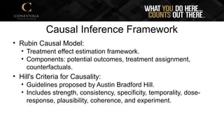 Causal Inference Framework
• Rubin Causal Model:
• Treatment effect estimation framework.
• Components: potential outcomes, treatment assignment,
counterfactuals.
• Hill's Criteria for Causality:
• Guidelines proposed by Austin Bradford Hill.
• Includes strength, consistency, specificity, temporality, dose-
response, plausibility, coherence, and experiment.
 