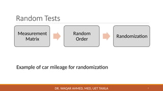7
Random Tests
Measurement
Matrix
Random
Order
Randomization
DR. WAQAR AHMED, MED, UET TAXILA
Example of car mileage for randomization
 