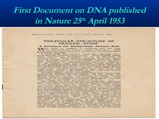 First Document on DNA publishedFirst Document on DNA published
in Nature 25in Nature 25thth
April 1953April 1953
 