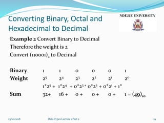 Converting Binary, Octal and
Hexadecimal to Decimal
Example 2 Convert Binary to Decimal
Therefore the weight is 2
Convert (110001)2 to Decimal
Binary 1 1 0 0 0 1
Weight 25 24 23 22 21 20
1*25 + 1*24 + 0*23 + 0*22 + 0*21 + 1*
Sum 32+ 16 + 0 + 0 + 0 + 1 = (49)10
23/10/2018 Data Types Lecture 1 Part 2 19
 