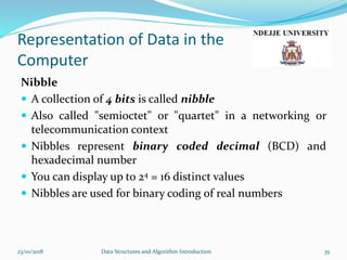 Representation of Data in the
Computer
Nibble
 A collection of 4 bits is called nibble
 Also called "semioctet" or "quartet" in a networking or
telecommunication context
 Nibbles represent binary coded decimal (BCD) and
hexadecimal number
 You can display up to 24 = 16 distinct values
 Nibbles are used for binary coding of real numbers
23/10/2018 Data Structures and Algorithm Introduction 35
 