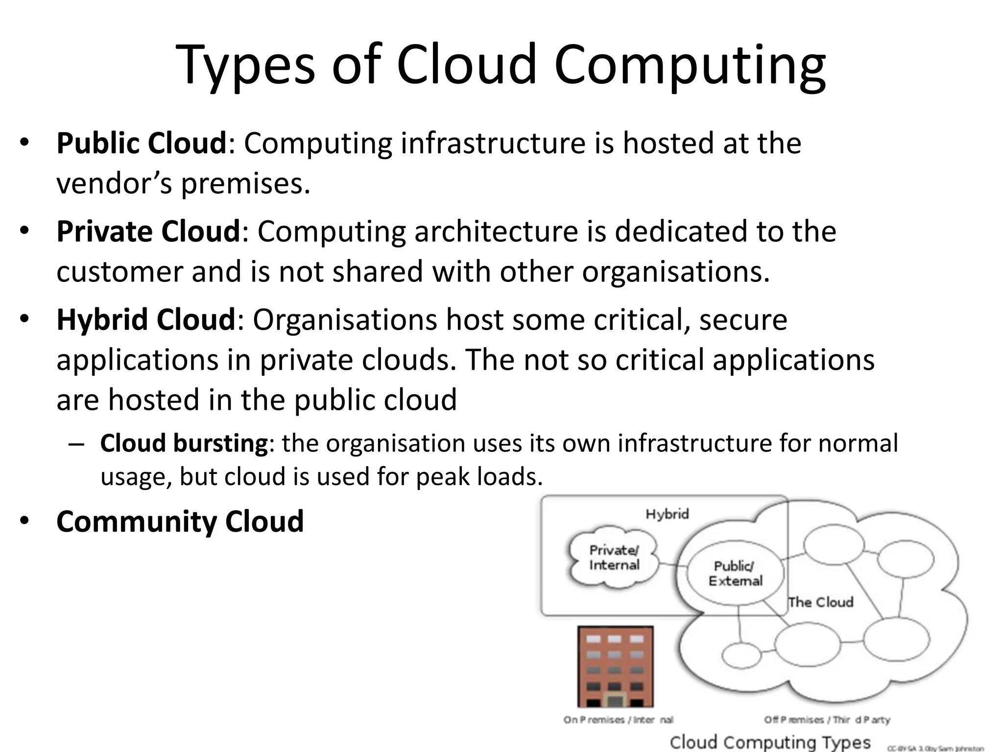 Types of Cloud Computing
• Public Cloud: Computing infrastructure is hosted at the
vendor’s premises.
• Private Cloud: Computing architecture is dedicated to the
customer and is not shared with other organisations.
• Hybrid Cloud: Organisations host some critical, secure
applications in private clouds. The not so critical applications
are hosted in the public cloud
– Cloud bursting: the organisation uses its own infrastructure for normal
usage, but cloud is used for peak loads.
• Community Cloud
 