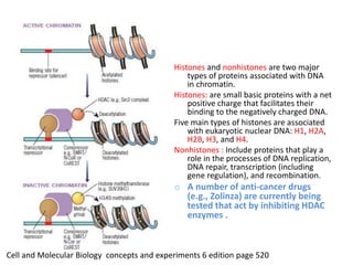 Histones and nonhistones are two major
types of proteins associated with DNA
in chromatin.
Histones: are small basic proteins with a net
positive charge that facilitates their
binding to the negatively charged DNA.
Five main types of histones are associated
with eukaryotic nuclear DNA: H1, H2A,
H2B, H3, and H4.
Nonhistones : Include proteins that play a
role in the processes of DNA replication,
DNA repair, transcription (including
gene regulation), and recombination.
o A number of anti-cancer drugs
(e.g., Zolinza) are currently being
tested that act by inhibiting HDAC
enzymes .
Cell and Molecular Biology concepts and experiments 6 edition page 520
 