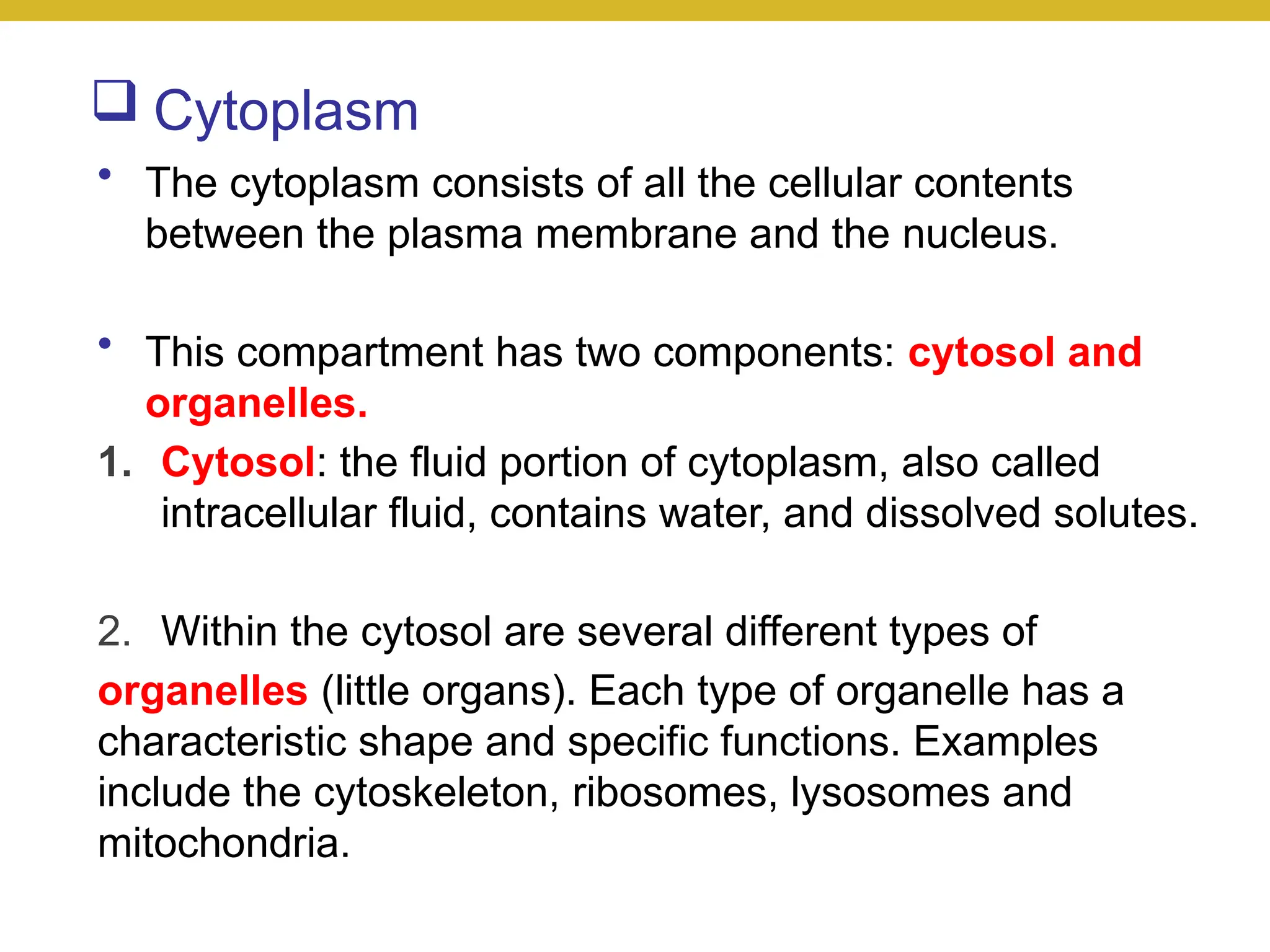 Cytoplasm
• The cytoplasm consists of all the cellular contents
between the plasma membrane and the nucleus.
• This compartment has two components: cytosol and
organelles.
1. Cytosol: the fluid portion of cytoplasm, also called
intracellular fluid, contains water, and dissolved solutes.
2. Within the cytosol are several different types of
organelles (little organs). Each type of organelle has a
characteristic shape and specific functions. Examples
include the cytoskeleton, ribosomes, lysosomes and
mitochondria.
 