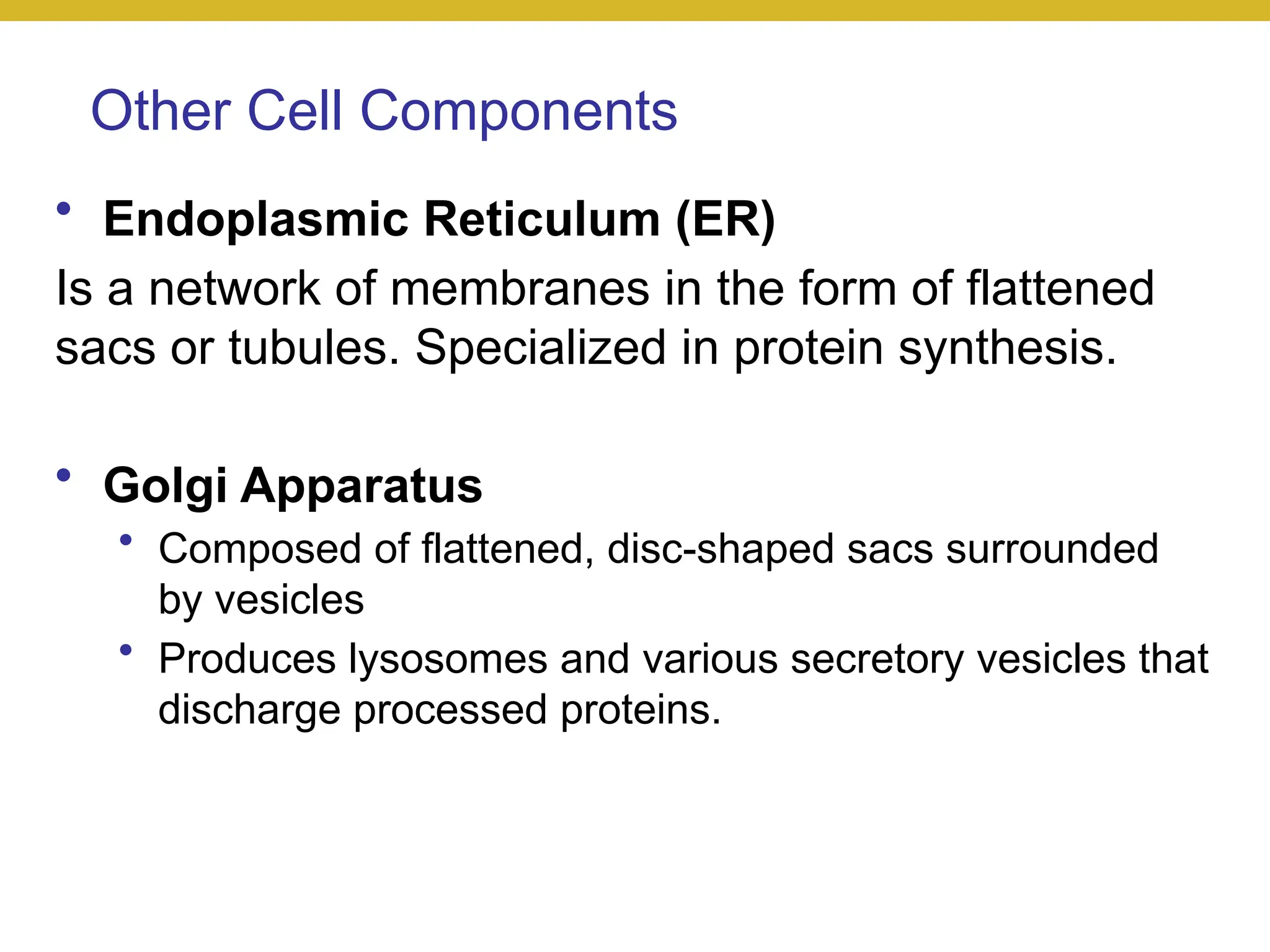 Other Cell Components
• Endoplasmic Reticulum (ER)
Is a network of membranes in the form of flattened
sacs or tubules. Specialized in protein synthesis.
• Golgi Apparatus
• Composed of flattened, disc-shaped sacs surrounded
by vesicles
• Produces lysosomes and various secretory vesicles that
discharge processed proteins.
 