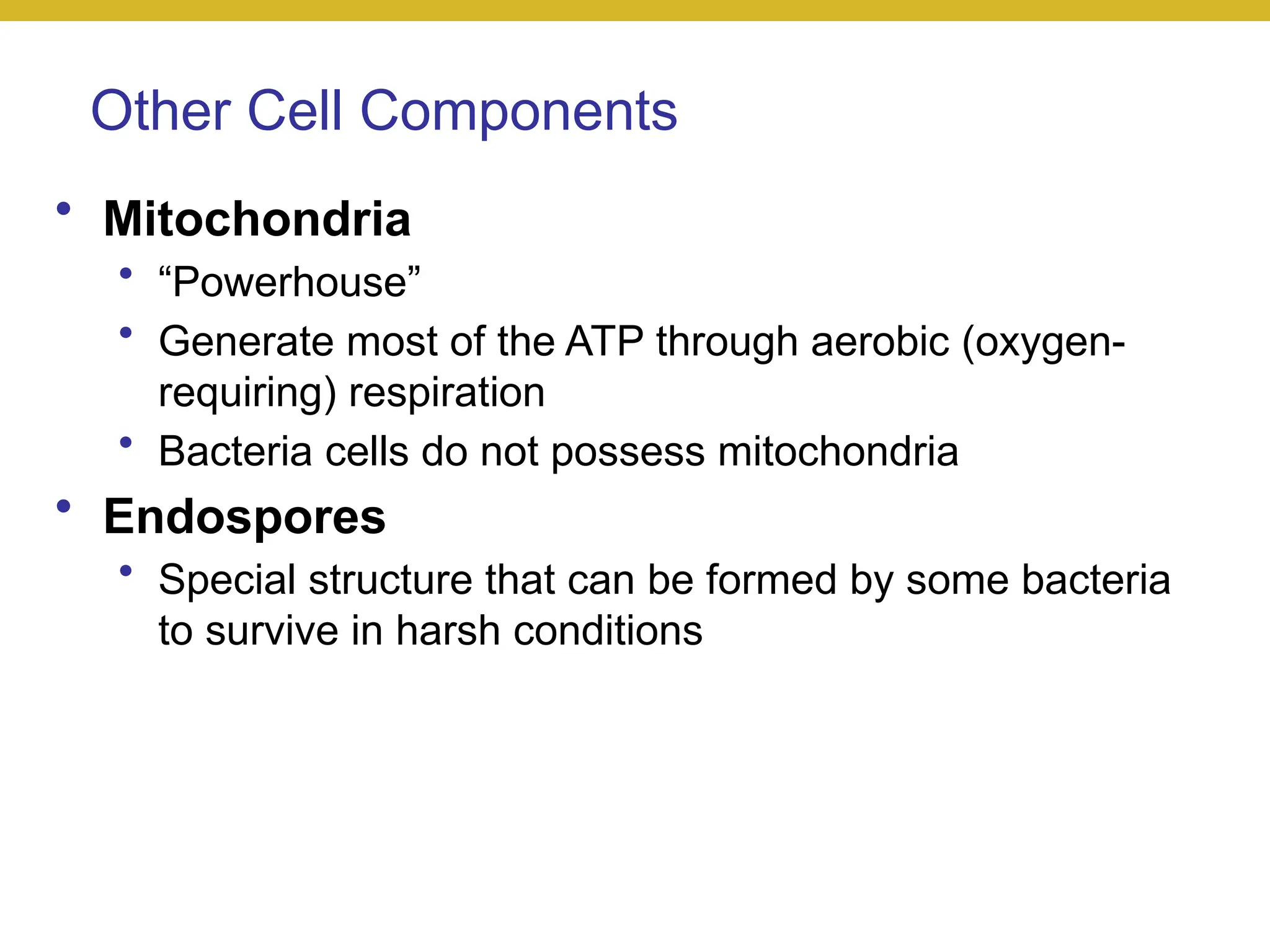 Other Cell Components
• Mitochondria
• “Powerhouse”
• Generate most of the ATP through aerobic (oxygen-
requiring) respiration
• Bacteria cells do not possess mitochondria
• Endospores
• Special structure that can be formed by some bacteria
to survive in harsh conditions
 