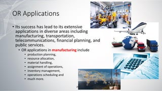 OR Applications
• Its success has lead to its extensive
applications in diverse areas including
manufacturing, transportation,
telecommunications, financial planning, and
public services.
• OR applications in manufacturing include
• production planning,
• resource allocation,
• material handling,
• assignment of operations,
• inventory management,
• operations scheduling and
• much more.
20
 