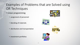 Examples of Problems that are Solved using
OR Techniques
• Linear programming
• assignment of personnel
• blending of materials
• distribution and transportation
• investment portfolios
22
 