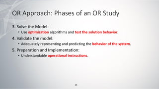 OR Approach: Phases of an OR Study
3. Solve the Model:
• Use optimization algorithms and test the solution behavior.
4. Validate the model:
• Adequately representing and predicting the behavior of the system.
5. Preparation and Implementation:
• Understandable operational instructions.
25
 