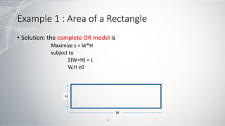 Example 1 : Area of a Rectangle
• Solution: the complete OR model is
Maximize z = W*H
subject to
2(W+H) = L
W,H ≥0
W
H
36
 