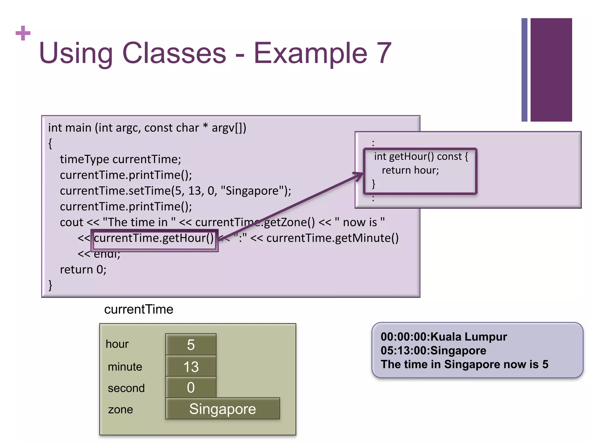 +
    Using Classes - Example 7

    int main (int argc, const char * argv[])
    {                                                           :
      timeType currentTime;                                      int getHour() const {
      currentTime.printTime();                                     return hour;
                                                                }
      currentTime.setTime(5, 13, 0, "Singapore");
                                                                :
      currentTime.printTime();
      cout << "The time in " << currentTime.getZone() << " now is "
         << currentTime.getHour() << ":" << currentTime.getMinute()
         << endl;
      return 0;
    }
              currentTime

                                                                    00:00:00:Kuala Lumpur
               hour            5                                    05:13:00:Singapore
               minute         13                                    The time in Singapore now is 5
                              first
               second          0
               zone            Singapore
 