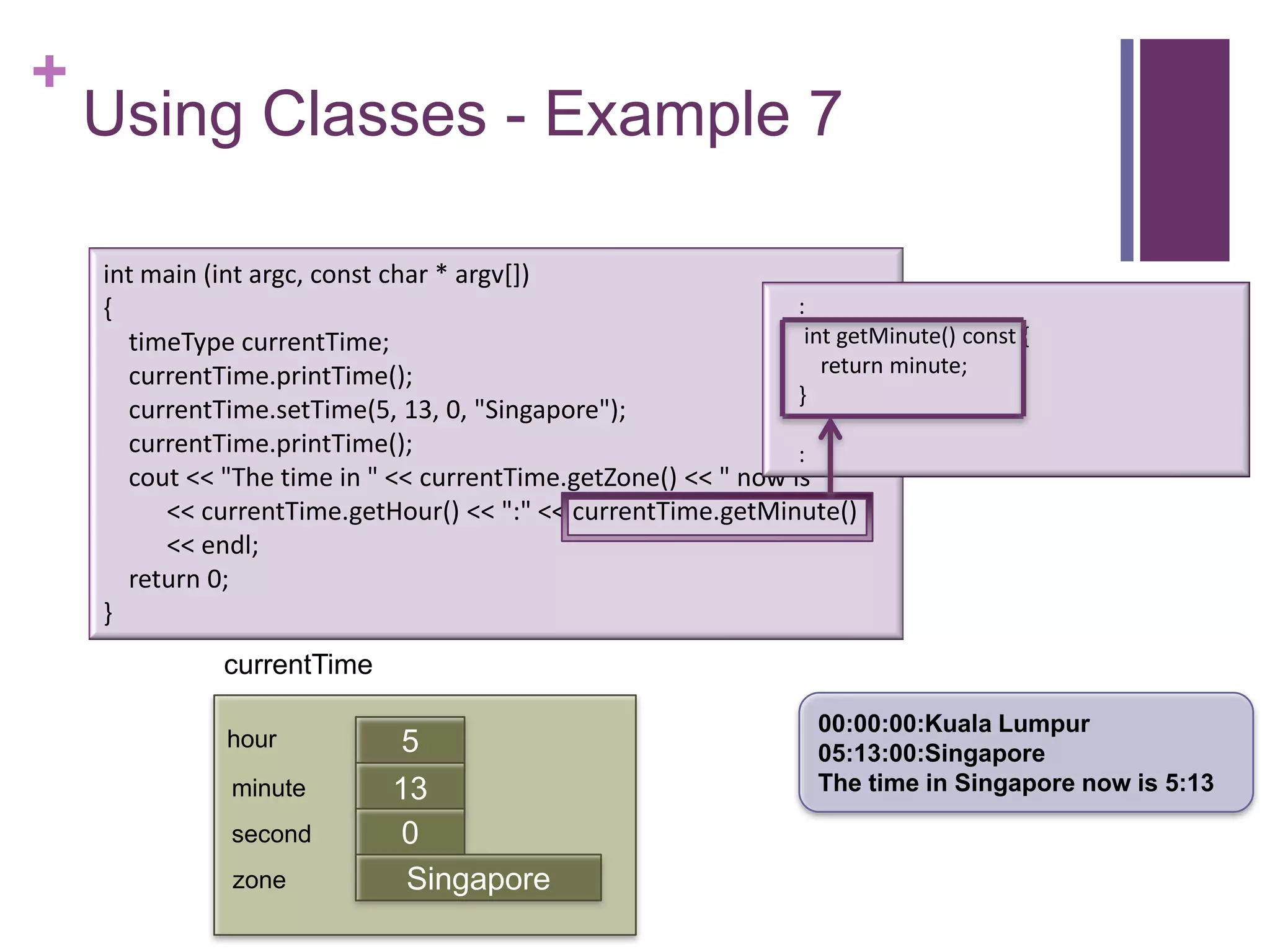 +
    Using Classes - Example 7

    int main (int argc, const char * argv[])
    {                                                           :
      timeType currentTime;                                      int getMinute() const {
      currentTime.printTime();                                     return minute;
                                                                }
      currentTime.setTime(5, 13, 0, "Singapore");
      currentTime.printTime();                                  :
      cout << "The time in " << currentTime.getZone() << " now is "
         << currentTime.getHour() << ":" << currentTime.getMinute()
         << endl;
      return 0;
    }
              currentTime

                                                                    00:00:00:Kuala Lumpur
               hour            5                                    05:13:00:Singapore
               minute         13                                    The time in Singapore now is 5:13
                              first
               second          0
               zone            Singapore
 