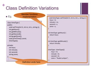 +
    Class Definition Variations
                            Member functions
                                                             :
        Eg.                 implementation
                                                             void timeType::setTime(int h, int m, int s, string z) {
                                                              hour = h;
        class timeType {                                      minute = m;
        public:                                               second = s;
          void setTime(int h, int m, int s, string z);        zone = z;
                                                         }
          int getHour();
          int getMinute();
                                                         int timeType::getHour() {
          int getSecond();                                 return hour;
          string getZone();                              }
          void printTime() const;
          timeType();                                    int timeType::getMinute() {
                                                            return minute;
        private:                                         }
           int hour;                                     :
           int minute;                                   timeType:: timeType(){
           int second;                                         hour = 0;
           string zone;                                        minute = 0;
        };                                                     second = 0;
         :                                                     zone = "Kuala Lumpur";
                                                          }
                             Definition ends here
 