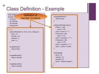 +
    Class Definition - Example
    class timeType {                                       :
                          Definition of                    string getZone() {
    private:
       int hour;        member functions                      return zone;
       int minute;                                         }
       int second;
       string zone;                                        void printTime() const {
                                                             if (hour < 10)
    public:                                                      cout << "0";
      void setTime(int h, int m, int s, string z) {          cout << hour << ":";
        hour = h;                                            if (minute < 10)
        minute = m;                                              cout << "0";
        second = s;                                          cout << minute << ":";
        zone = z;                                            if (second < 10)
      }                                                          cout << "0";
                                                             cout << second << ":";
      int getHour() {                                        cout << zone << endl;
         return hour;                                      }
      }
                                                           timeType(){
      int getMinute() {                                      hour = 0;
         return minute;                                      minute = 0;
      }                                                      second = 0;
                                                             zone = "Kuala Lumpur";
      int getSecond() {                                    }
         return second;                               };
      }
      :
 