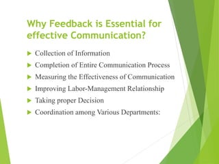 Why Feedback is Essential for
effective Communication?
 Collection of Information
 Completion of Entire Communication Process
 Measuring the Effectiveness of Communication
 Improving Labor-Management Relationship
 Taking proper Decision
 Coordination among Various Departments:
 