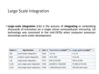 Large Scale Integration
• Large-scale integration (LSI) is the process of integrating or embedding
thousands of transistors on a single silicon semiconductor microchip. LSI
technology was conceived in the mid-1970s when computer processor
microchips were under development.
 