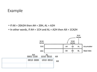 Example
• If AX = 20A2H then AH = 20H, AL = A2H
• In other words, if AH = 1CH and AL = A2H then AX = 1CA2H
0001 1100 1010 0010 AX
0010 0000 1010 0010
AH AL
AX
 