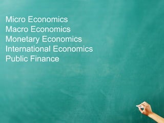 Micro Economics 
Macro Economics 
Monetary Economics 
International Economics 
Public Finance 
 