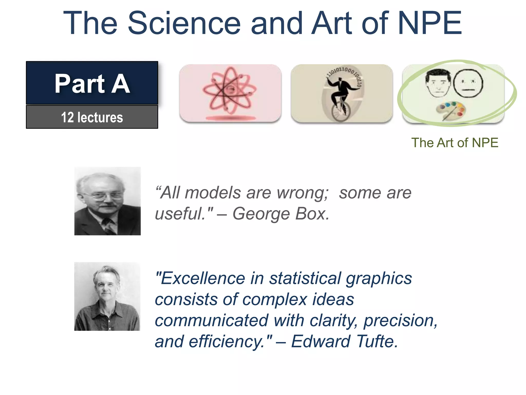 The Science and Art of NPE
Part A
12 lectures
                                               The Art of NPE


              “All models are wrong; some are
              useful." – George Box.


              "Excellence in statistical graphics
              consists of complex ideas
              communicated with clarity, precision,
              and efficiency." – Edward Tufte.
 