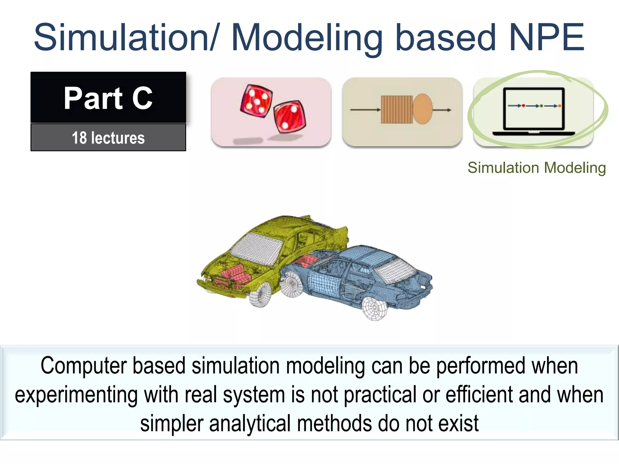 Simulation/ Modeling based NPE
     Part C
      18 lectures
                                                     Simulation Modeling




  Computer based simulation modeling can be performed when
experimenting with real system is not practical or efficient and when
             simpler analytical methods do not exist
 