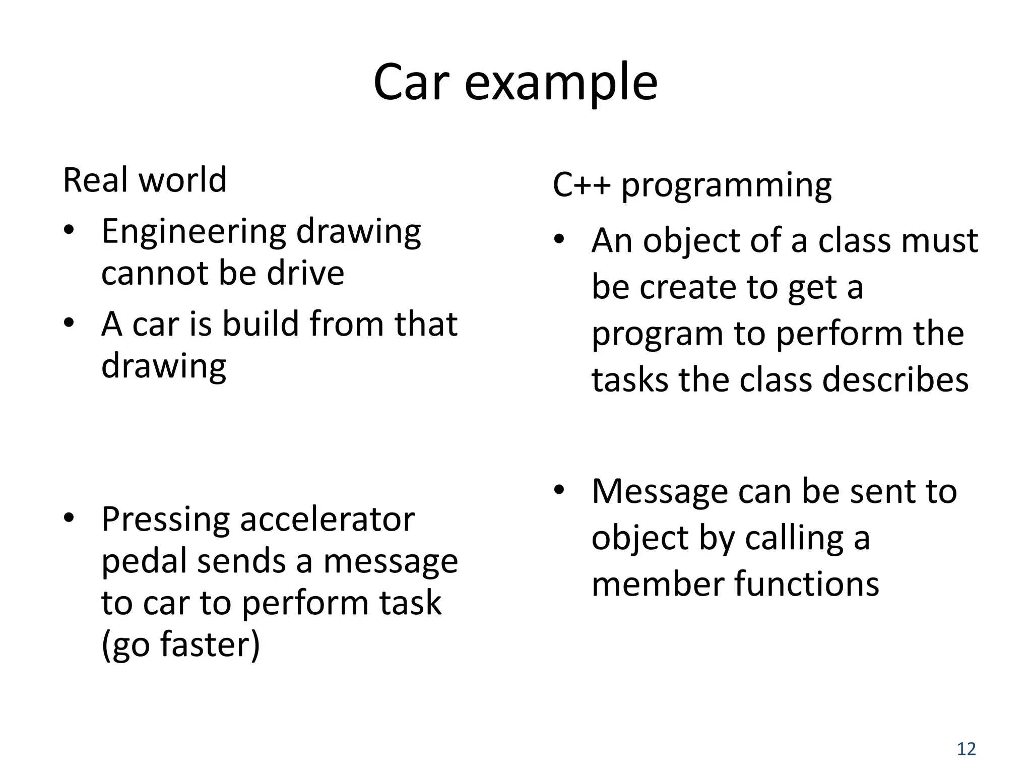 12 Car example Real world • Engineering drawing cannot be drive • A car is build from that drawing • Pressing accelerator pedal sends a message to car to perform task (go faster) C++ programming • An object of a class must be create to get a program to perform the tasks the class describes • Message can be sent to object by calling a member functions 
