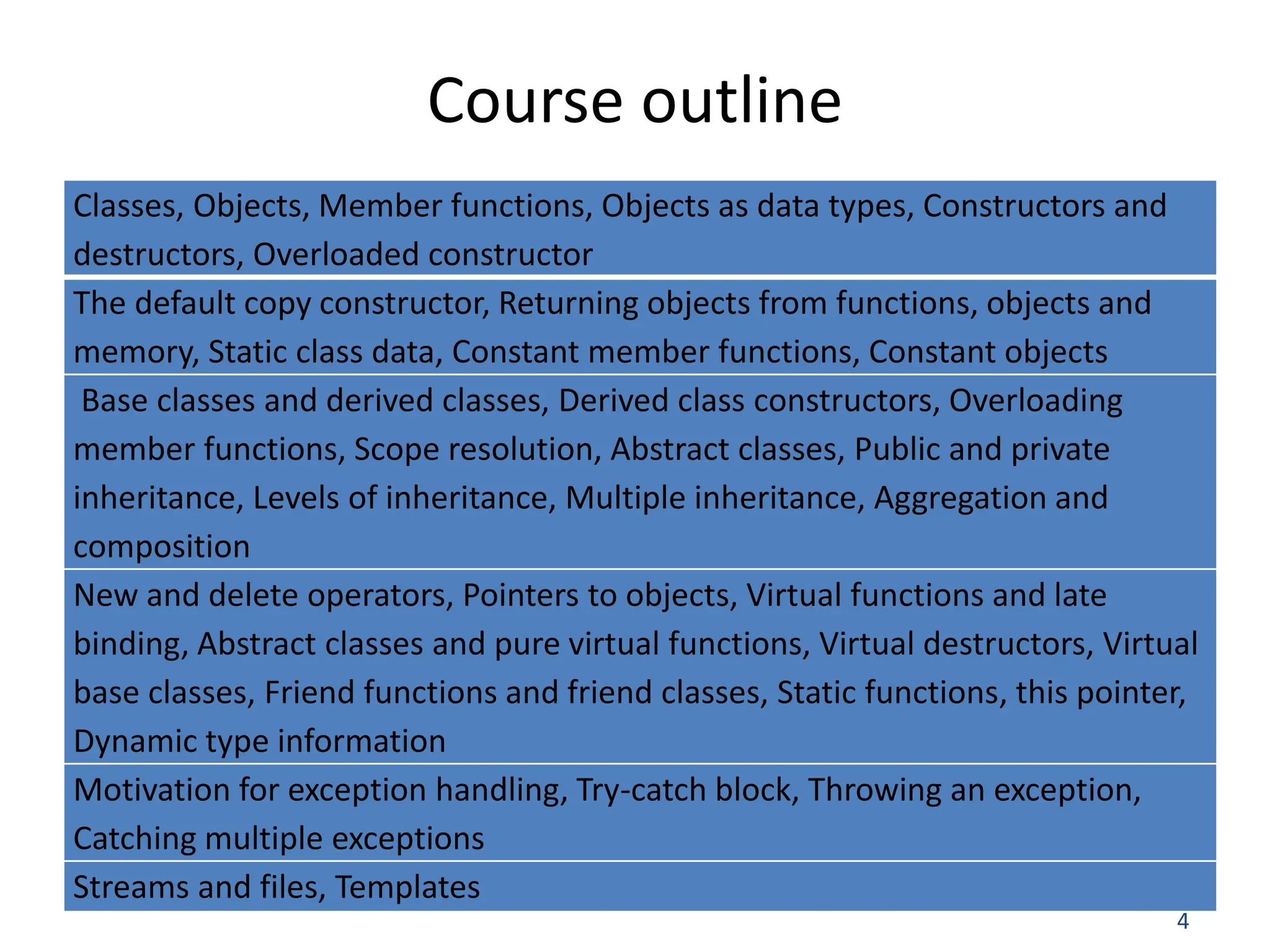 4 Course outline Classes, Objects, Member functions, Objects as data types, Constructors and destructors, Overloaded constructor The default copy constructor, Returning objects from functions, objects and memory, Static class data, Constant member functions, Constant objects Base classes and derived classes, Derived class constructors, Overloading member functions, Scope resolution, Abstract classes, Public and private inheritance, Levels of inheritance, Multiple inheritance, Aggregation and composition New and delete operators, Pointers to objects, Virtual functions and late binding, Abstract classes and pure virtual functions, Virtual destructors, Virtual base classes, Friend functions and friend classes, Static functions, this pointer, Dynamic type information Motivation for exception handling, Try-catch block, Throwing an exception, Catching multiple exceptions Streams and files, Templates 