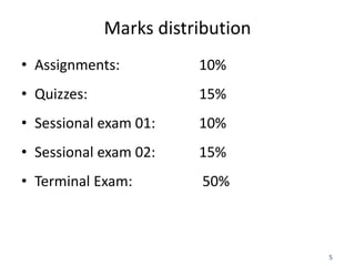 5
Marks distribution
• Assignments: 10%
• Quizzes: 15%
• Sessional exam 01: 10%
• Sessional exam 02: 15%
• Terminal Exam: 50%
 