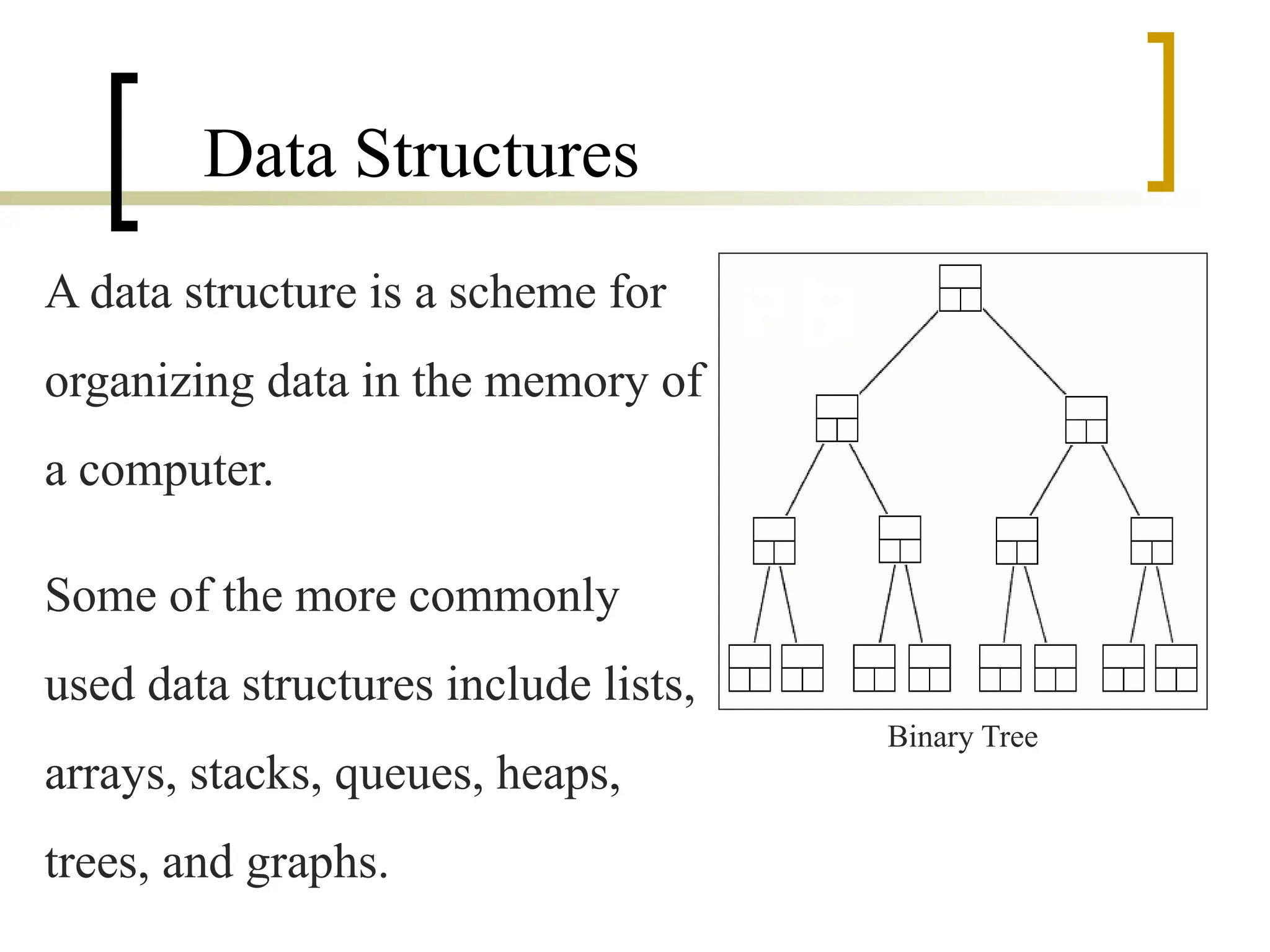 Data Structures
A data structure is a scheme for
organizing data in the memory of
a computer.
Some of the more commonly
used data structures include lists,
arrays, stacks, queues, heaps,
trees, and graphs.
Binary Tree
 