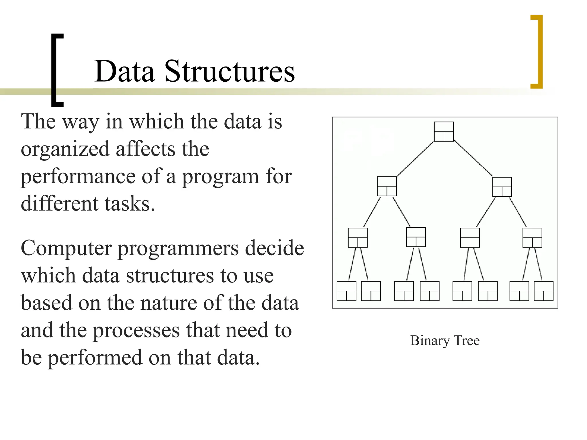 Data Structures
The way in which the data is
organized affects the
performance of a program for
different tasks.
Computer programmers decide
which data structures to use
based on the nature of the data
and the processes that need to
be performed on that data.
Binary Tree
 
