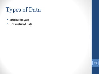 Types of Data
• Structured Data
• Unstructured Data
13
 