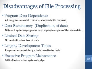 Disadvantages of File Processing
• Program-Data Dependence
All programs maintain metadata for each file they use
• Data Redundancy (Duplication of data)
Different systems/programs have separate copies of the same data
• Limited Data Sharing
No centralized control of data
• Lengthy Development Times
Programmers must design their own file formats
• Excessive Program Maintenance
80% of information systems budget
32
 