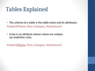 Tables Explained
• The schema of a table is the table name and its attributes:
Product(PName, Price, Category, Manfacturer)
• A key is an attribute whose values are unique;
we underline a key
Product(PName, Price, Category, Manfacturer)
 