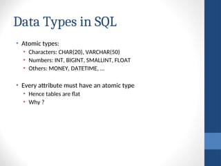 Data Types in SQL
• Atomic types:
• Characters: CHAR(20), VARCHAR(50)
• Numbers: INT, BIGINT, SMALLINT, FLOAT
• Others: MONEY, DATETIME, …
• Every attribute must have an atomic type
• Hence tables are flat
• Why ?
 