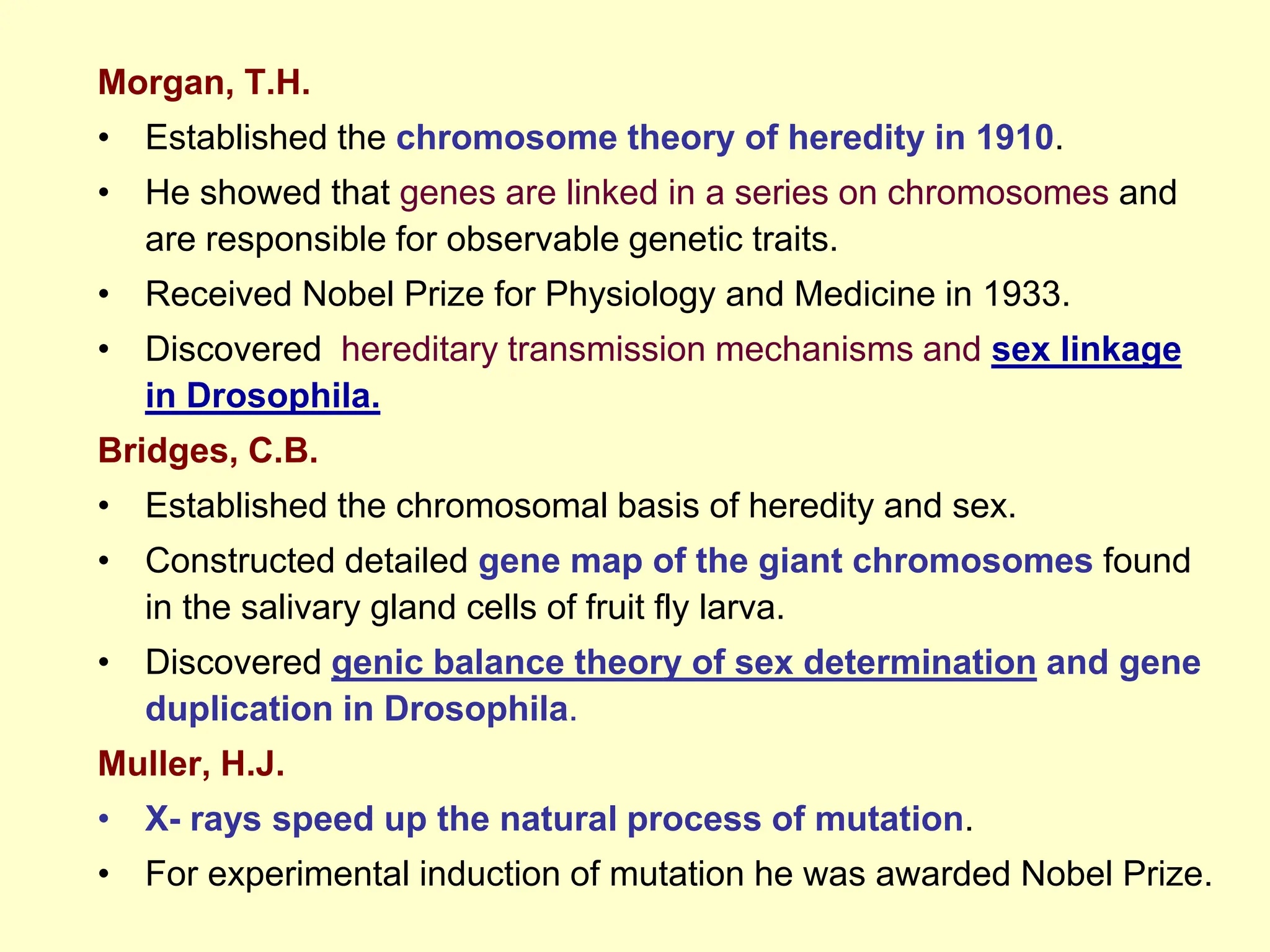 Morgan, T.H.
• Established the chromosome theory of heredity in 1910.
• He showed that genes are linked in a series on chromosomes and
are responsible for observable genetic traits.
• Received Nobel Prize for Physiology and Medicine in 1933.
• Discovered hereditary transmission mechanisms and sex linkage
in Drosophila.
Bridges, C.B.
• Established the chromosomal basis of heredity and sex.
• Constructed detailed gene map of the giant chromosomes found
in the salivary gland cells of fruit fly larva.
• Discovered genic balance theory of sex determination and gene
duplication in Drosophila.
Muller, H.J.
• X- rays speed up the natural process of mutation.
• For experimental induction of mutation he was awarded Nobel Prize.
 
