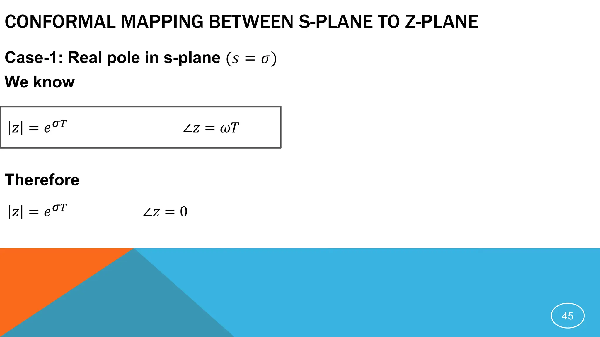CONFORMAL MAPPING BETWEEN S-PLANE TO Z-PLANE
Case-1: Real pole in s-plane (𝑠 = 𝜎)
We know
Therefore
45
∠𝑧 = 𝜔𝑇
𝑧 = 𝑒𝜎𝑇
𝑧 = 𝑒𝜎𝑇 ∠𝑧 = 0
 