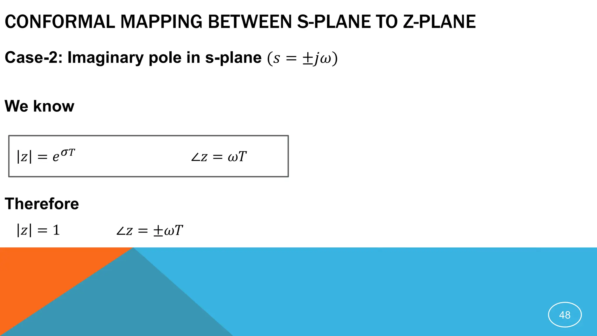 CONFORMAL MAPPING BETWEEN S-PLANE TO Z-PLANE
Case-2: Imaginary pole in s-plane (𝑠 = ±𝑗𝜔)
We know
Therefore
48
∠𝑧 = 𝜔𝑇
𝑧 = 𝑒𝜎𝑇
𝑧 = 1 ∠𝑧 = ±𝜔𝑇
 
