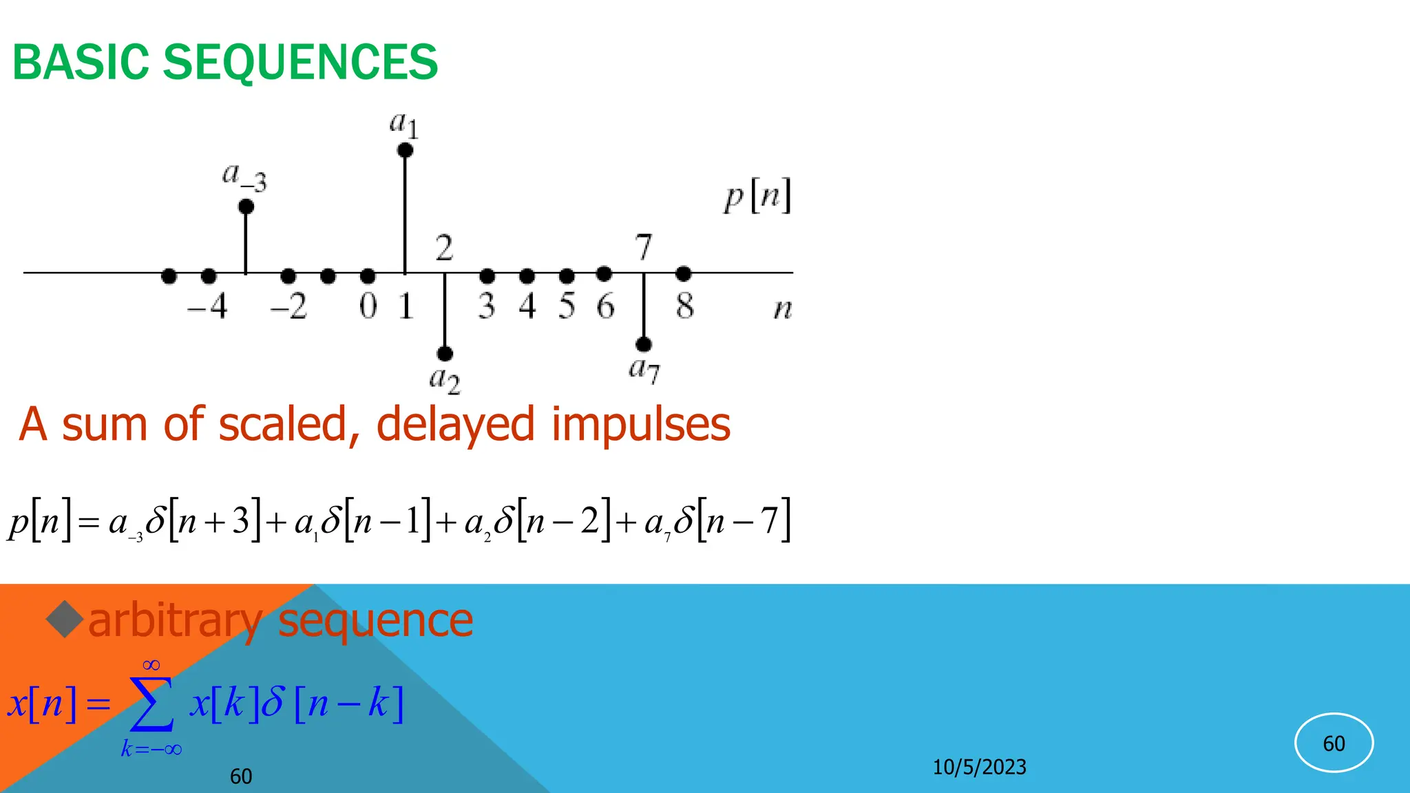 60
BASIC SEQUENCES
[ ] [ ] [ ]
k
x n x k n k



 

         
7
2
1
3 7
2
1
3







 
n
a
n
a
n
a
n
a
n
p 



10/5/2023
60
arbitrary sequence
A sum of scaled, delayed impulses
 