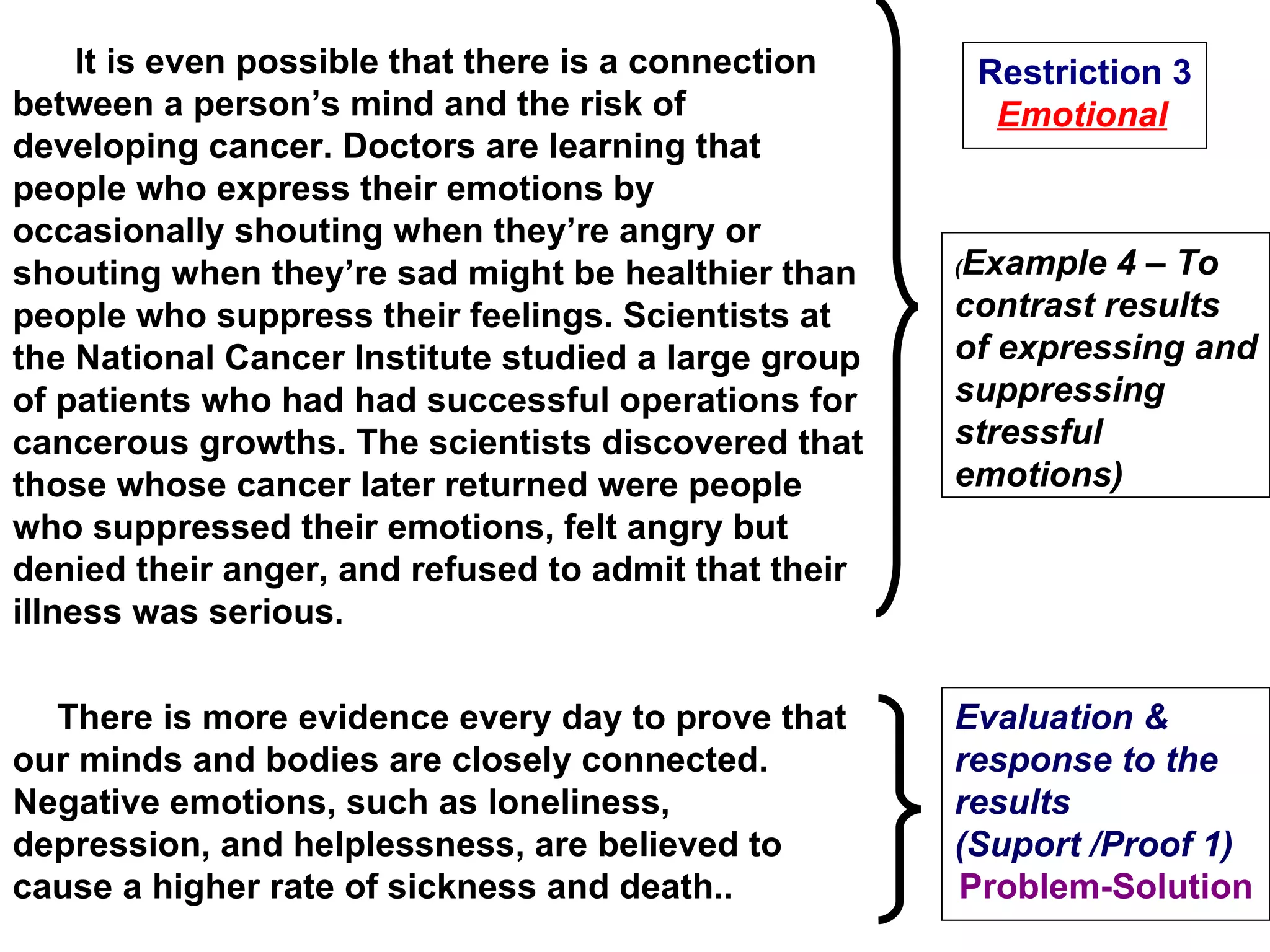 Restriction 3   Emotional   ( Example 4 – To contrast results of expressing and suppressing stressful emotions) Evaluation & response to the results  (Suport /Proof 1) Problem-Solution It is even possible that there is a connection between a person’s mind and the risk of developing cancer. Doctors are learning that people who express their emotions by occasionally shouting when they’re angry or shouting when they’re sad might be healthier than people who suppress their feelings. Scientists at the National Cancer Institute studied a large group of patients who had had successful operations for cancerous growths. The scientists discovered that those whose cancer later returned were people who suppressed their emotions, felt angry but denied their anger, and refused to admit that their illness was serious . There is more evidence every day to prove that our minds and bodies are closely connected. Negative emotions, such as loneliness, depression, and helplessness, are believed to cause a higher rate of sickness and death..   