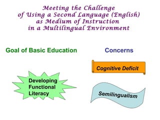 Meeting the Challenge  of Using a Second Language (English)  as Medium of Instruction  in a Multilingual Environment Goal of Basic Education Concerns  Developing Functional Literacy   Cognitive Deficit Semilingualism 