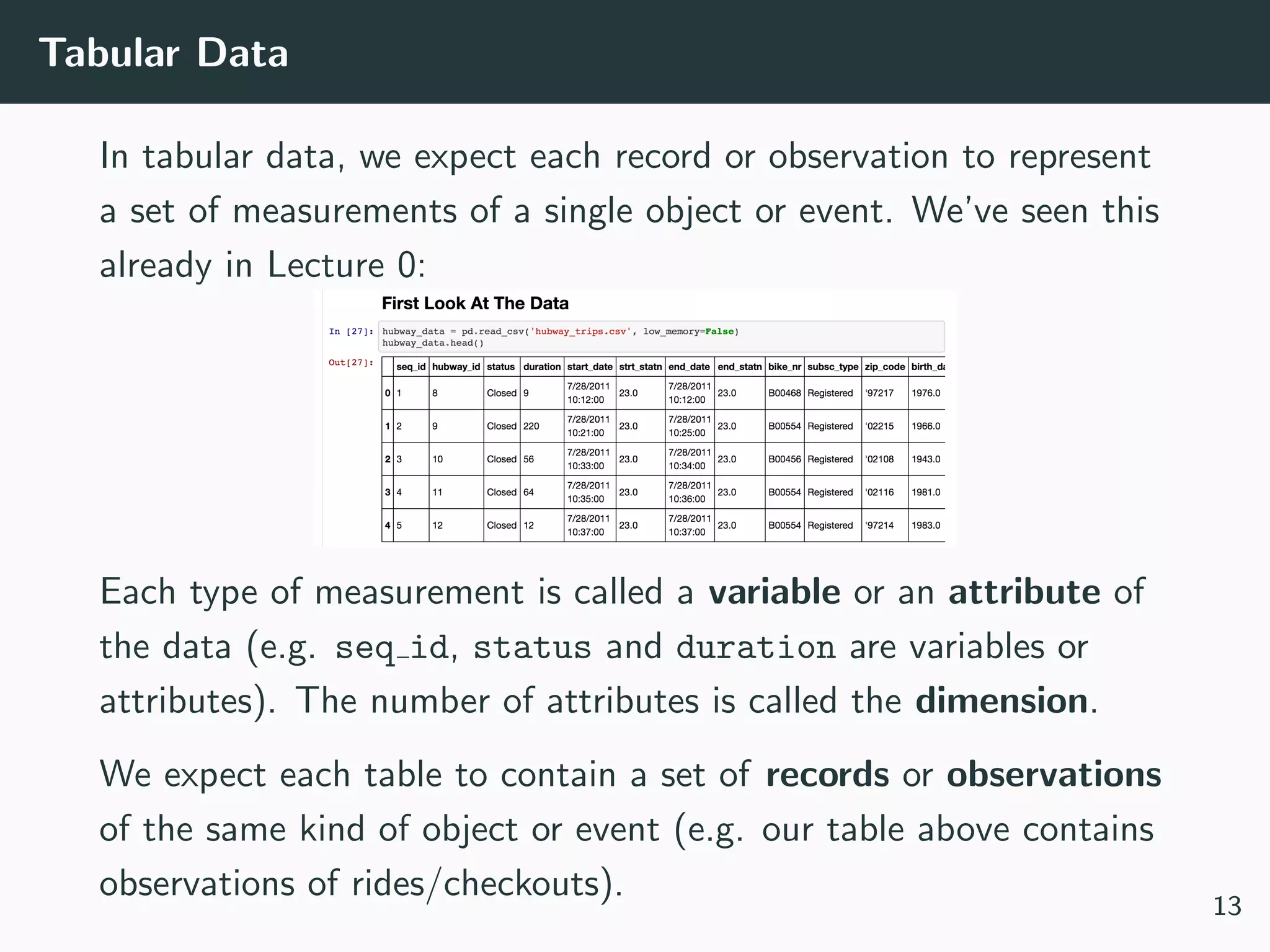 Tabular Data
In tabular data, we expect each record or observation to represent
a set of measurements of a single object or event. We’ve seen this
already in Lecture 0:
Each type of measurement is called a variable or an attribute of
the data (e.g. seq id, status and duration are variables or
attributes). The number of attributes is called the dimension.
We expect each table to contain a set of records or observations
of the same kind of object or event (e.g. our table above contains
observations of rides/checkouts).
13
 