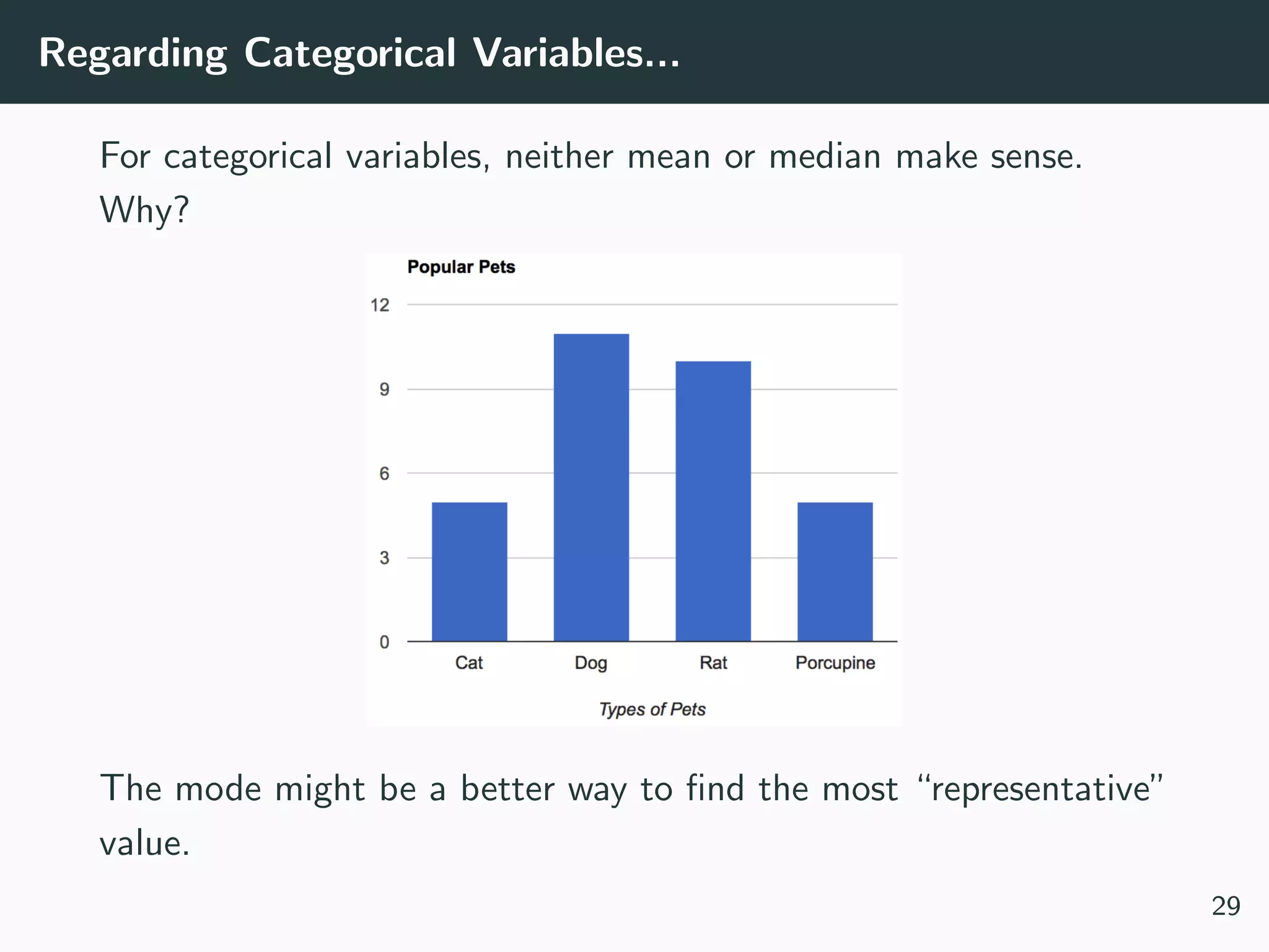 Regarding Categorical Variables...
For categorical variables, neither mean or median make sense.
Why?
The mode might be a better way to ﬁnd the most “representative”
value.
29
 