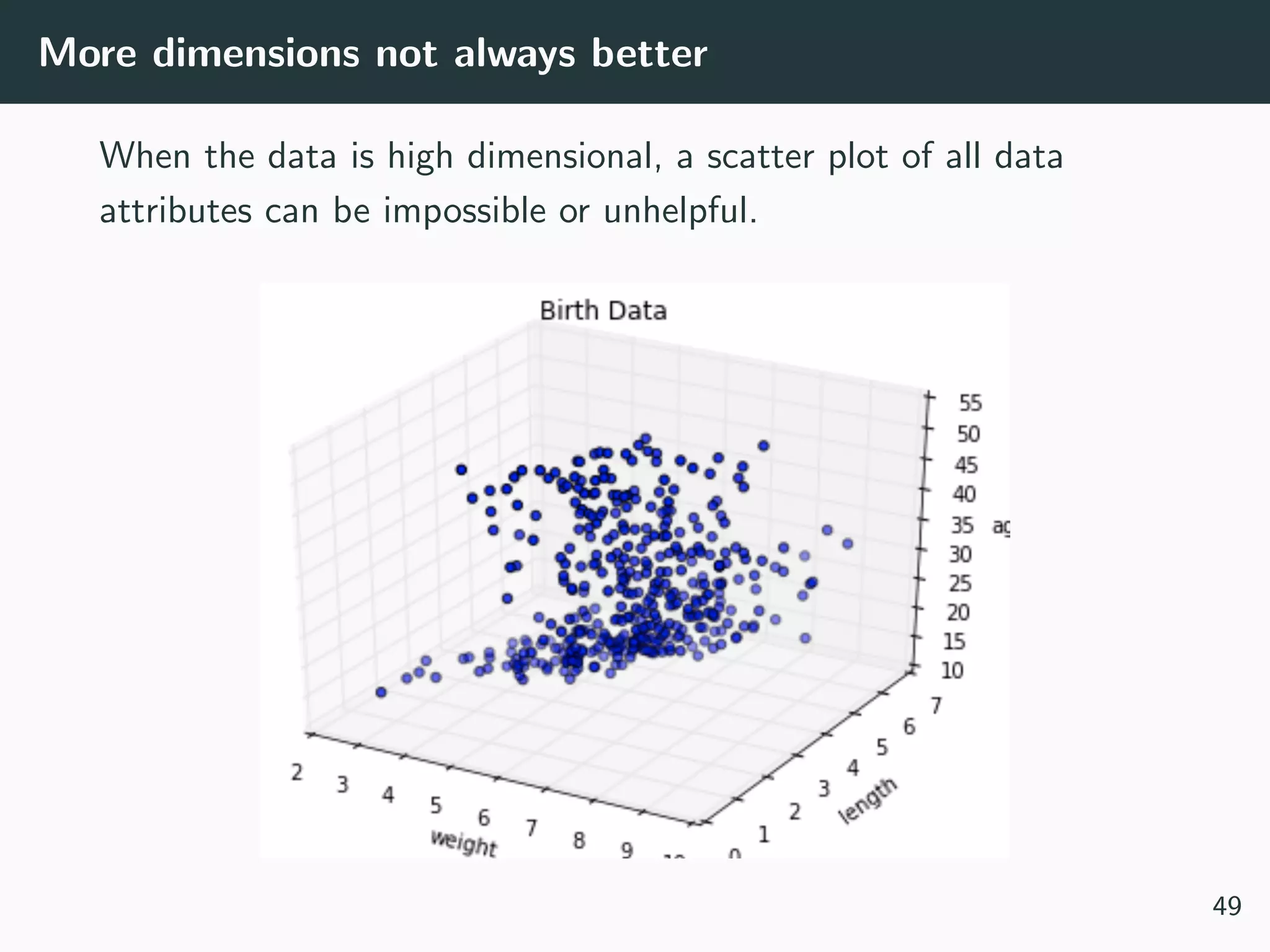 More dimensions not always better
When the data is high dimensional, a scatter plot of all data
attributes can be impossible or unhelpful.
49
 