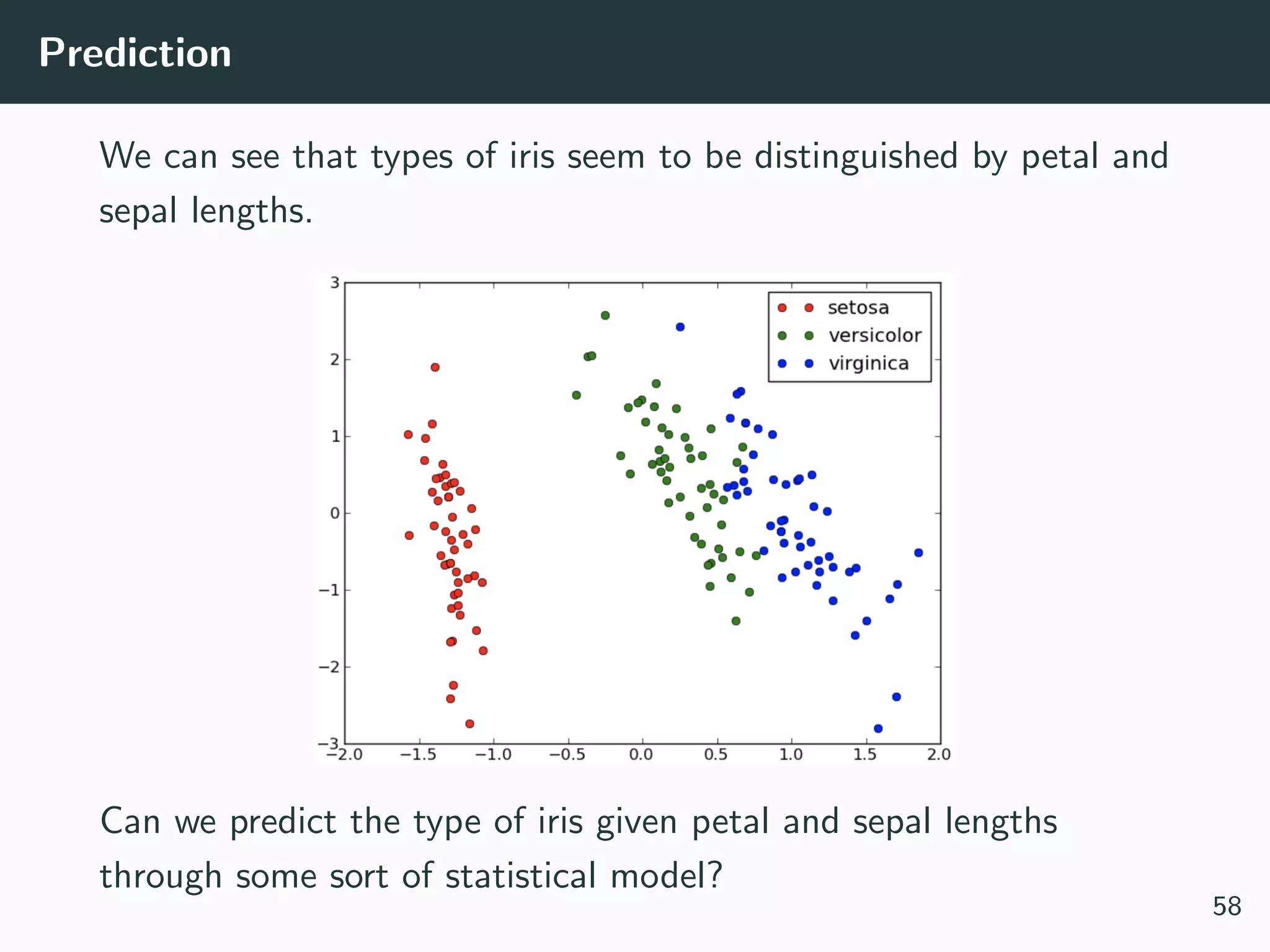 Prediction
We can see that types of iris seem to be distinguished by petal and
sepal lengths.
Can we predict the type of iris given petal and sepal lengths
through some sort of statistical model?
58
 