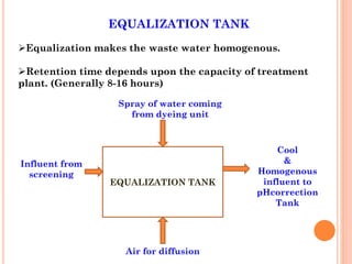 EQUALIZATION TANK
EQUALIZATION TANK
Influent from
screening
Spray of water coming
from dyeing unit
Air for diffusion
Cool
&
Homogenous
influent to
pHcorrection
Tank
Equalization makes the waste water homogenous.
Retention time depends upon the capacity of treatment
plant. (Generally 8-16 hours)
 