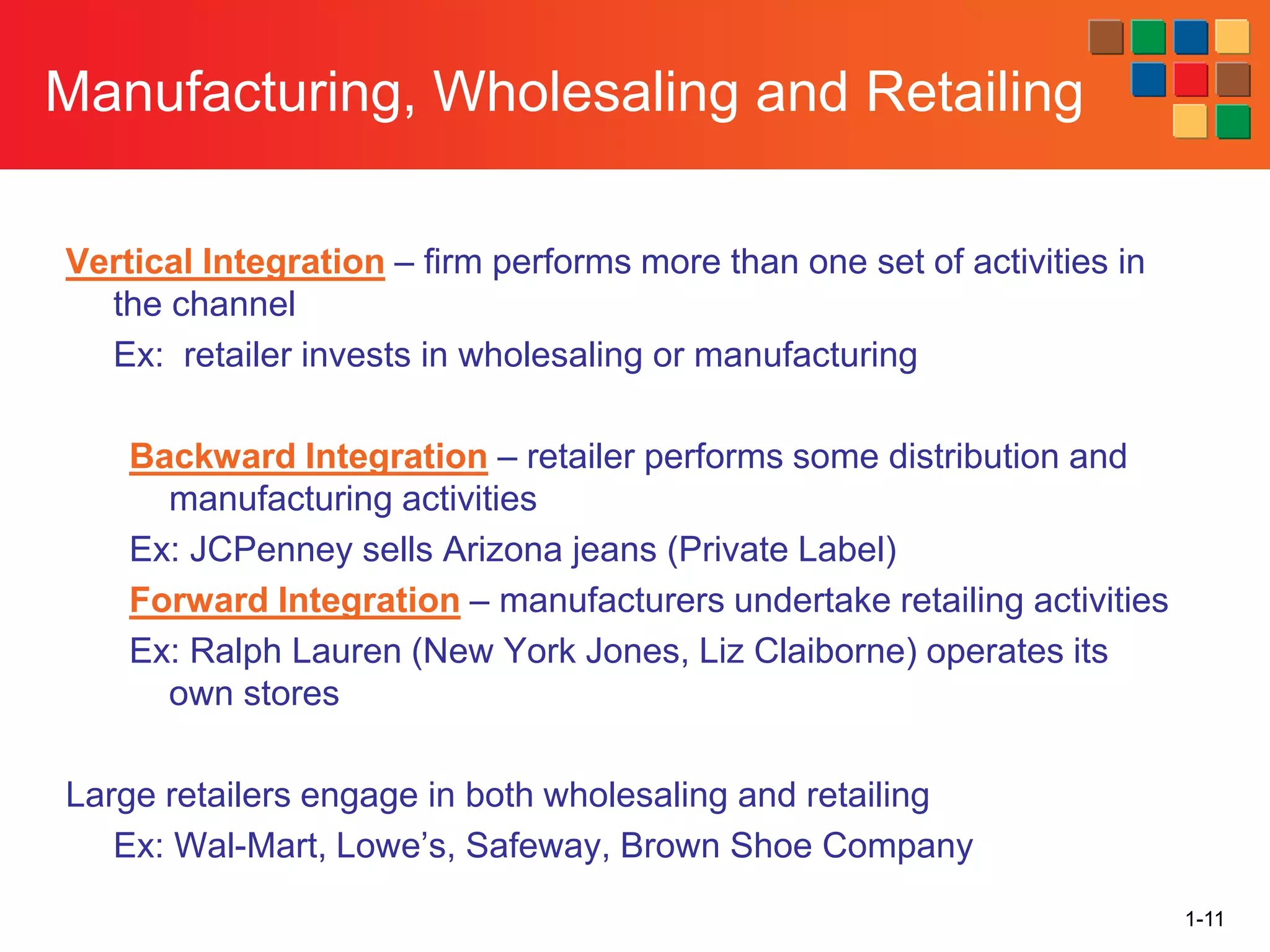 1-11
Manufacturing, Wholesaling and Retailing
Vertical Integration – firm performs more than one set of activities in
the channel
Ex: retailer invests in wholesaling or manufacturing
Backward Integration – retailer performs some distribution and
manufacturing activities
Ex: JCPenney sells Arizona jeans (Private Label)
Forward Integration – manufacturers undertake retailing activities
Ex: Ralph Lauren (New York Jones, Liz Claiborne) operates its
own stores
Large retailers engage in both wholesaling and retailing
Ex: Wal-Mart, Lowe’s, Safeway, Brown Shoe Company
 