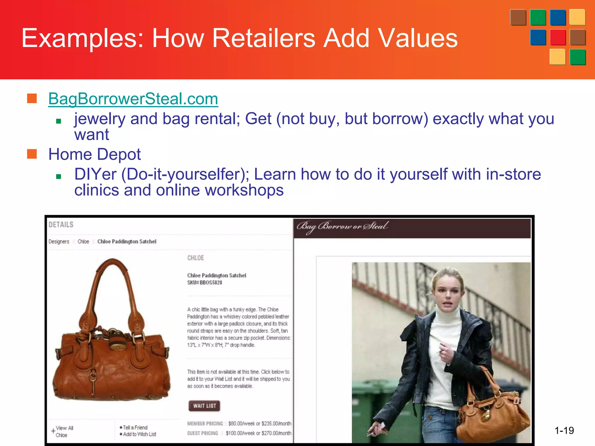 1-19
Examples: How Retailers Add Values
◼ BagBorrowerSteal.com
◼ jewelry and bag rental; Get (not buy, but borrow) exactly what you
want
◼ Home Depot
◼ DIYer (Do-it-yourselfer); Learn how to do it yourself with in-store
clinics and online workshops
 